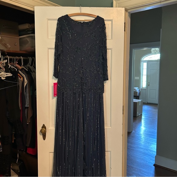 Pisarro Nights Blue Sequin Embellished Long Sleeve Gown - Picture 2 of 6